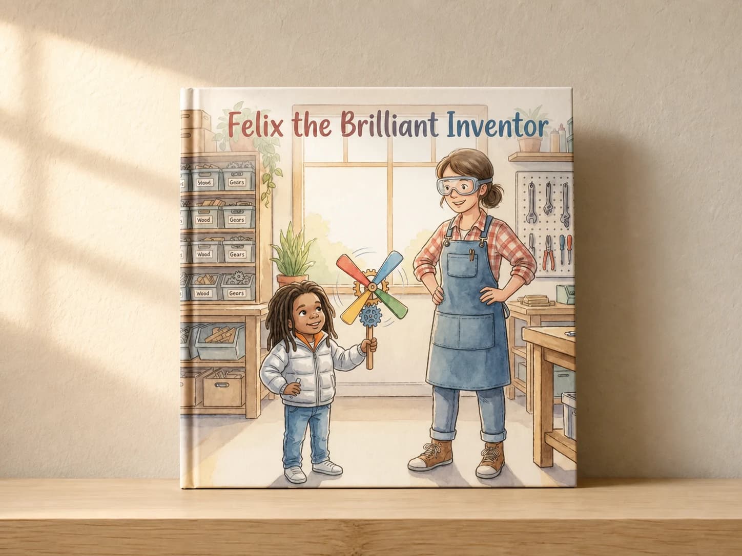 Felix the Brilliant Inventor hardcover standing on a wooden shelf