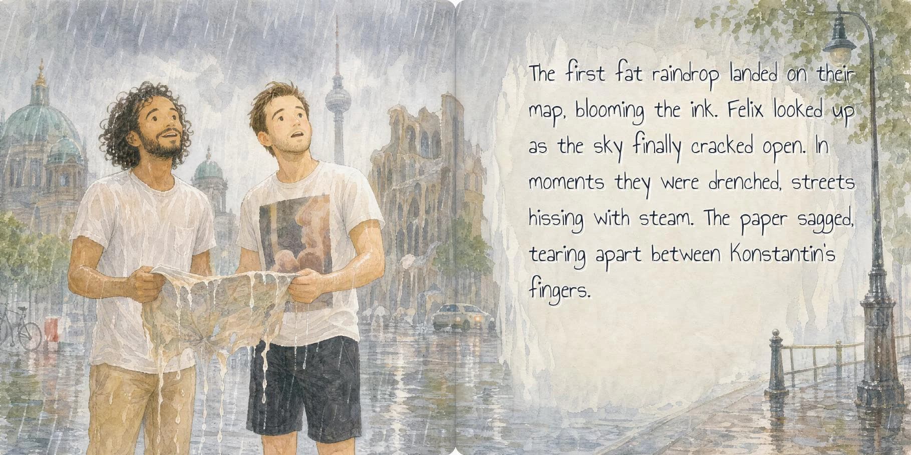 A finished book spread showing Felix and Konstantin caught in warm Berlin rain, with a quiet text pocket on the right page