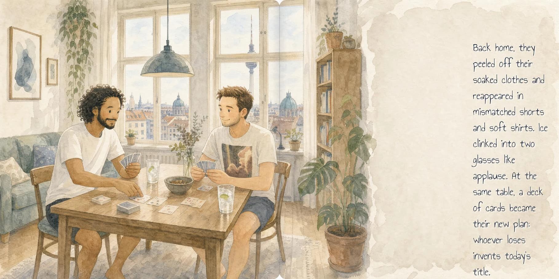 A finished book spread showing Felix and Konstantin returning home, with the story text integrated